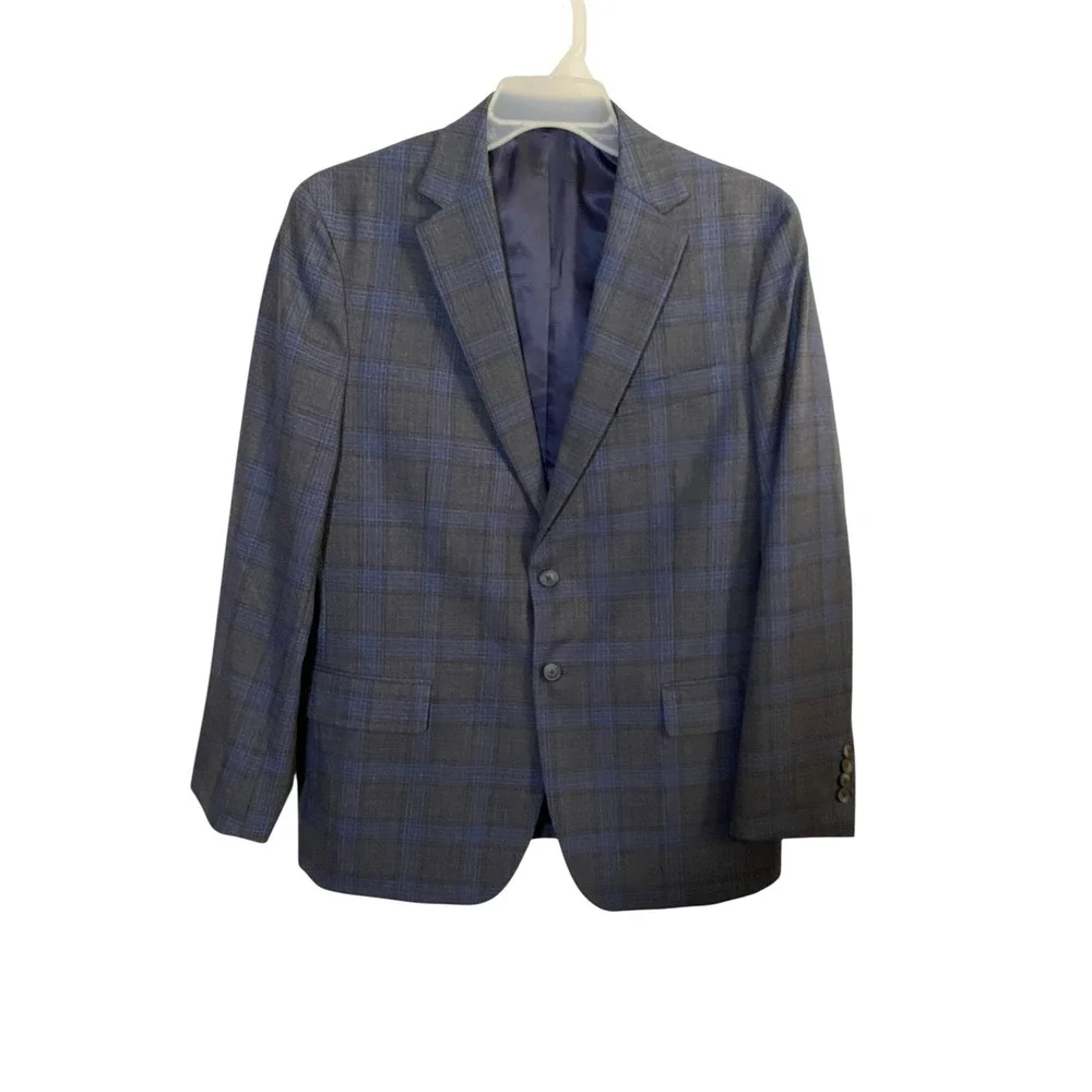 Jos A Bank Mens 42R Tailored Fit Blue Gray Plaid Wool Blend Sports Coat Blazer